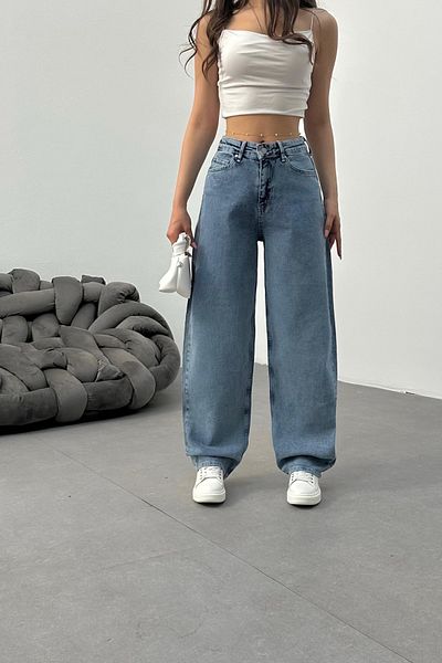 BİKELİFE Women's Light Blue Loose Fitting Wide Leg Casual Baggy Jean Pants
