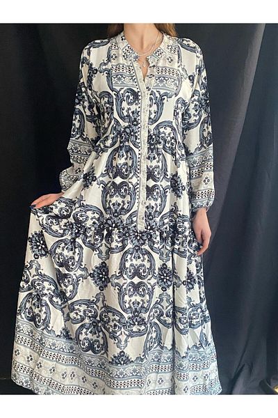 OlaLady Women's Viscose Fabric Long Sleeve Patterned Loose Dress