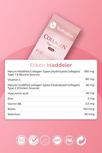 Wellvalens Pure & Elegant Hidrolize Kolajen Tip 1-2-3 30 Tablet Hiyaluronik Asit,vitc,zinc,b6,biotin,selenyum