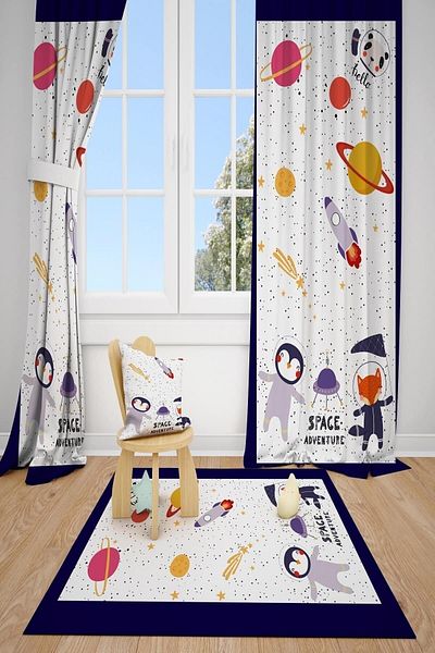 dekomingo BLUE STRIPED PLANET PATTERN BABY AND CHILDREN'S ROOM PHONE CURTAIN 2 WINGS