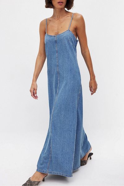 Ecenin Favorileri Rochie lungă și confortabilă din denim pentru femei cu bretele