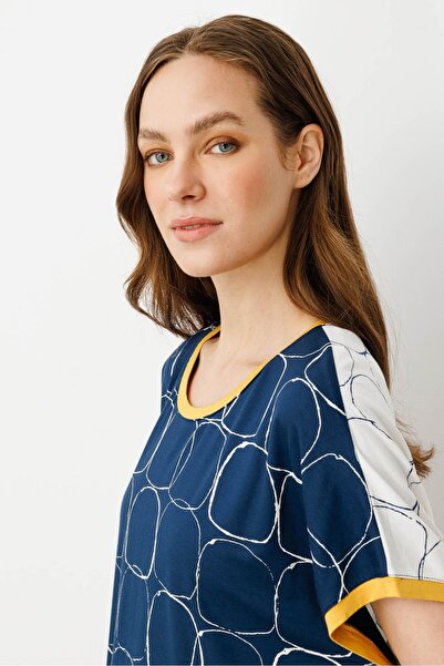 Desen Triko Women's Yellow Banded Combed Cotton T-Shirt with Collar and Sleeves Ecru/Laci