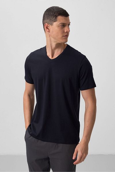 TOMMY LIFE Ανδρικό μπλουζάκι Navy Blue Basic με κοντό μανίκι Standard Fit V-Neck - 87912