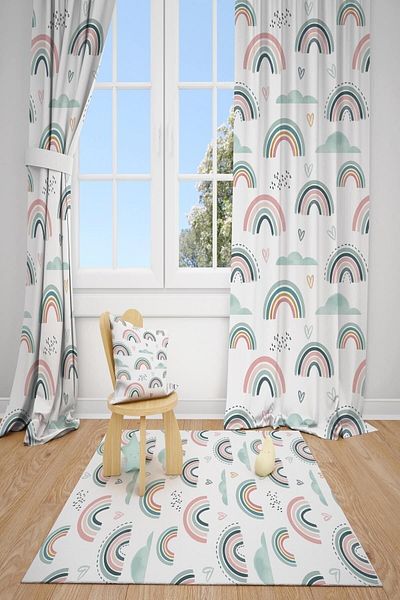dekomingo Blue-Pink Rainbow Patterned Background Curtain with 2 Blades - Baby and Children's Room