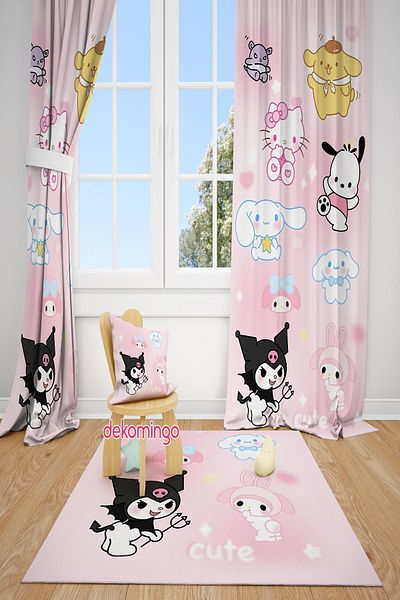 dekomingo Sanrio Pink and Children's Room Background Curtain - 2 Wings, Characters