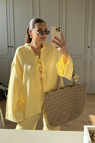 Gizem Ecemiş Pixre Yellow Muslin Tie Suit