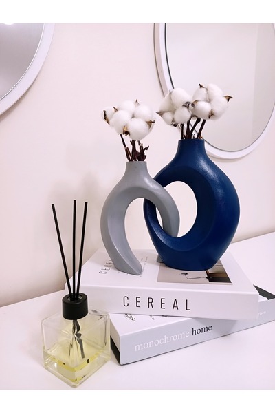 Home 2'li Sarmaşık Sevgili Vazo, Mumluklu Vazo Set, Modern Tasarım Dekoratif Obje (LACİVERT-GRİ)