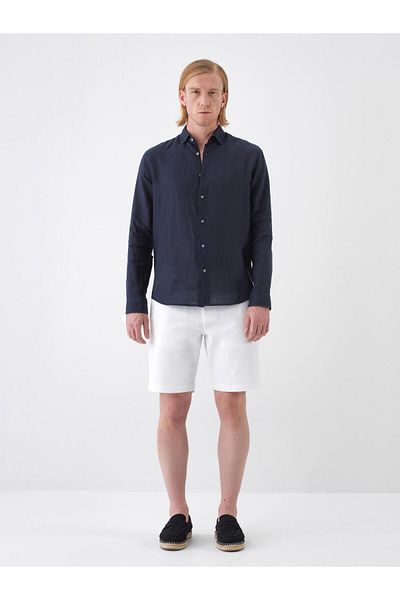 Xint Men's Navy Blue Regular Fit Linen Shirt
