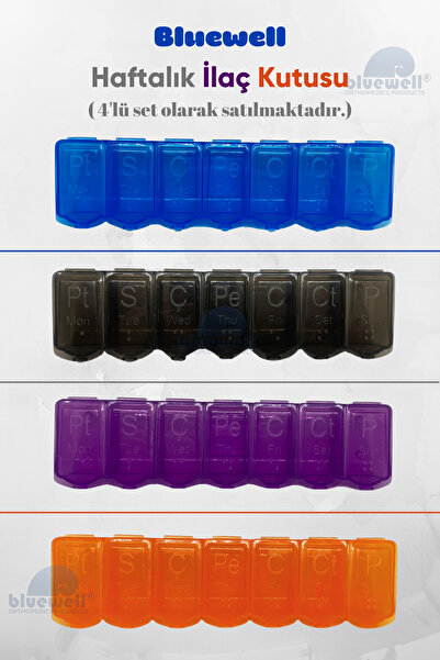 BLUEWELL Haftalık İlaç Kutusu 4’lü Set – Günlük Bölmeli, Taşınabilir Saklama Kutusu, İlaç Organizeri