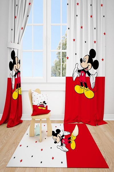 dekomingo Red Stripe Mouse Mickey Children's Room 2 Wings Background Curtain