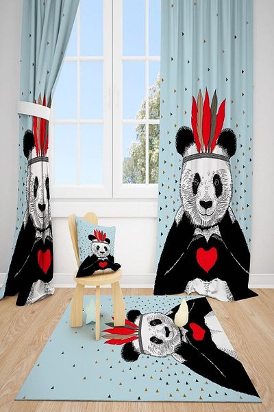 dekomingo Blue Panda Heart Παιδικό Δωμάτιο με 2 Φτερά Κουρτίνα φόντου