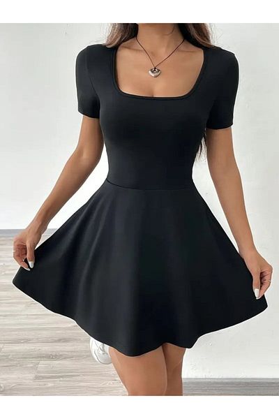 REKA MODA Women's Short Sleeve Square Neck Short Detailed Pocket Diving Dress