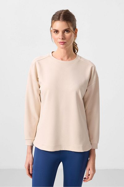 TOMMY LIFE Beige Soft Textured O Neck Comfortable Form Women's Tunic Sweatshirt - 97305