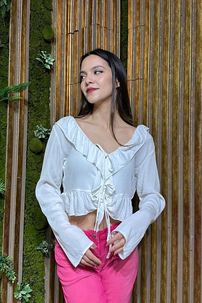 Kübra Tekstil White Regular Fit Viscose Long Sleeve Blouse, Roomed Crinkle Tray Top