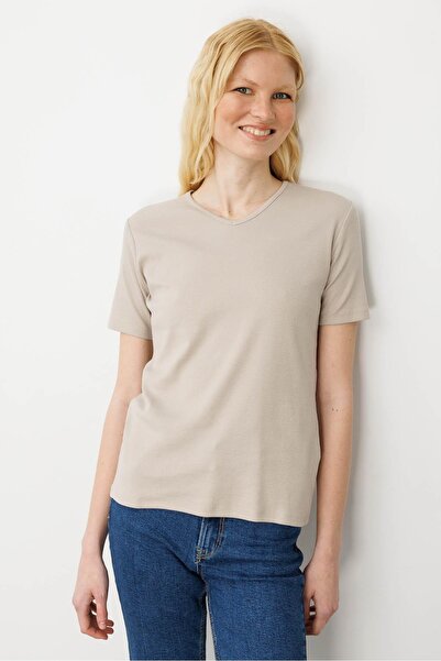 Desen Triko Жіночий V-подібний комір Кашкорсе Бавовняна футболка Бежева