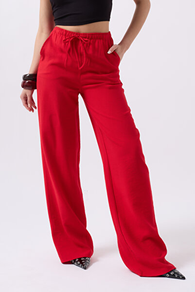 Clu Nika Kırmızı Keten Karışımlı Bol Kesim Pantolon
