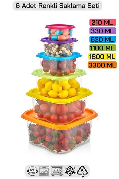 HOMENIVA 6 Size Square Storage Container Set - Storage Container Suitable for Microwave and Deep Freezer