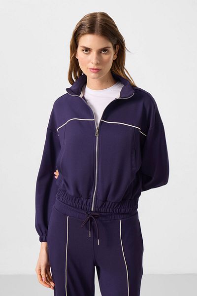 TOMMY LIFE Set de trening pentru femei, mov închis, cu textura moale, cu guler ridicat, elastic supradimensionat - 95349