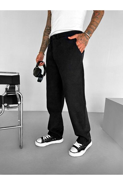 ablukaonline Ανδρικό παντελόνι Baggy Fit Velvet Wide Fit Loose Leg Μαύρο