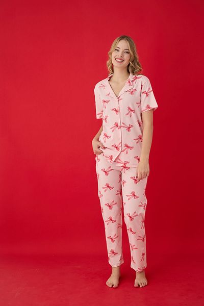 Lavint Homewear Ribbon Patterned Cotton Lycra Buttoned Pajama Set