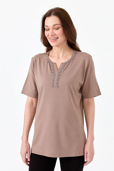 Desen Triko Tricou de damă din bumbac pieptănat cu guler brodat cu margele, nurcă