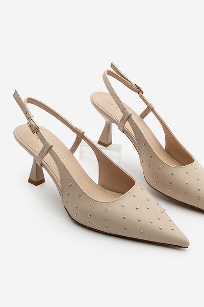 Marjin Damen Stiletto spitze Zehe Slingback Stapel detaillierte hochhackige Schuhe Timon Ecru