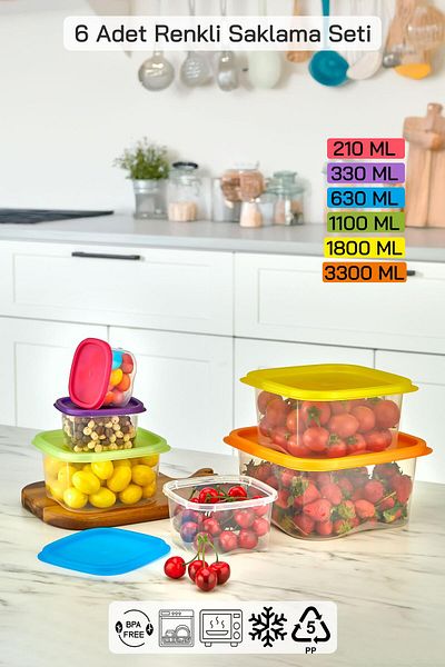 HOMENIVA 6 Size Square Storage Container Set - Storage Container Suitable for Microwave and Deep Freezer