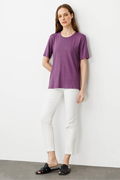 Desen Triko Women's Crew Neck Basic Combed Cotton T-Shirt Lilac