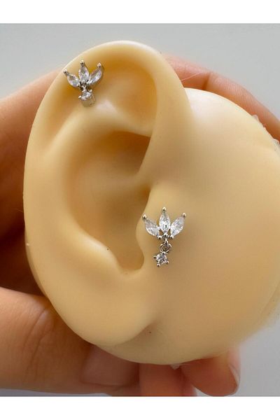Arescollection 1 Piece Zircon Stone Plain Back Front Attached Tragus Helix Lobe Conch Compatible Piercing Earring