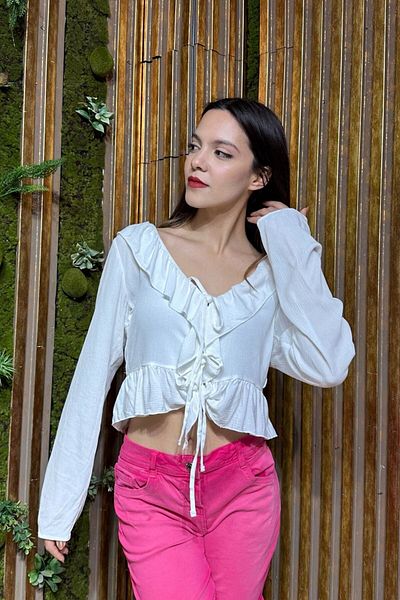 Kübra Tekstil White Regular Fit Viscose Long Sleeve Blouse, Roomed Crinkle Tray Top