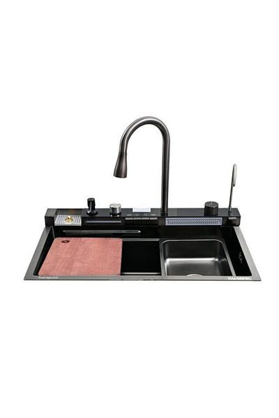 Depox Chiuveta de bucatarie multifunctionala, dus cu extragere, tocator de lemne, temperatura LCD, 2 jeturi de apa, 75x46 cm