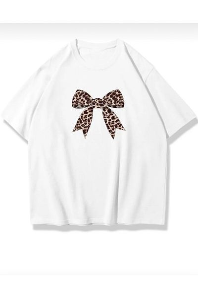 BYMEER Tricou oversize cu imprimeu cu fundă leopard alb