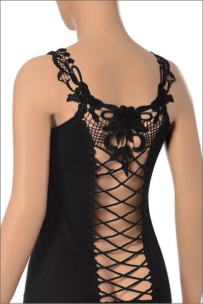 NİSYVE Back Lez Lace Guipure Detailed Strap Square Neck Cotton Black Women's Undershirt