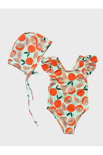ALİŞ KİDS Girl's Green Orange Patterned Cross Strap Ruffled Bonnet Swimsuit
