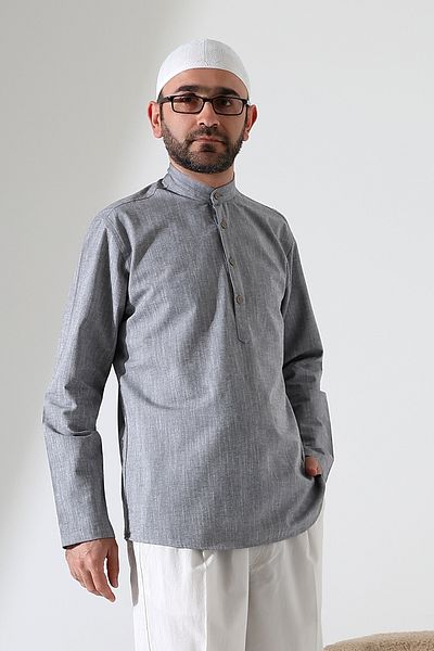 ihvanonline Men's Judge Collar Long Sleeve Buttoned Linen Shirt Gray (Vşn)
