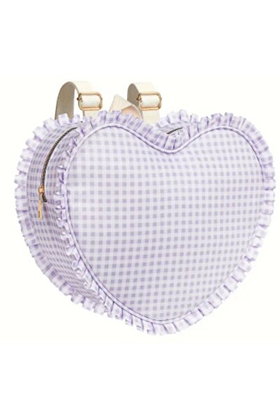 MyBalliStore Kalp Şeklinde Firfirli Pötikare Şık Desenli Mor Sırt Çantası