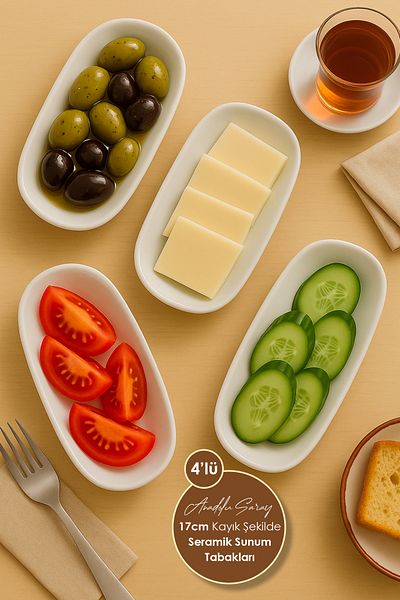 Anadolu Saray 4Pcs 17cm Boat-Shaped Ceramic Presentation Plate Service Presentation Appetizer Plate Sauce Bowl Jam Bowl Catering