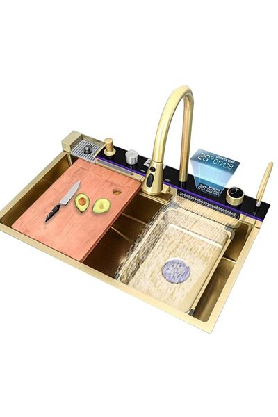 Depox Chiuveta de bucatarie multifunctionala, dus cu extragere, tocator de lemne, temperatura LCD, 2 jeturi de apa, 75x46 cm