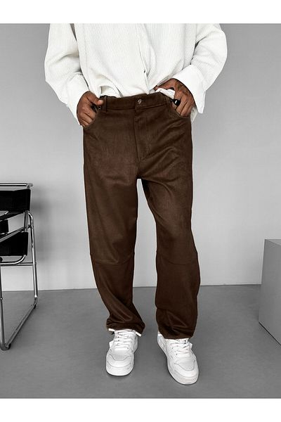 ablukaonline Ανδρικό Suede Basic Παντελόνι - Φαρδιά Εφαρμογή, Καφέ