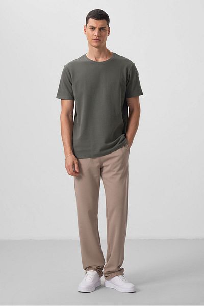 TOMMY LIFE Ανδρικό T-Shirt με υφή χακί επιφάνειας άνετης μορφής Basic - 88436