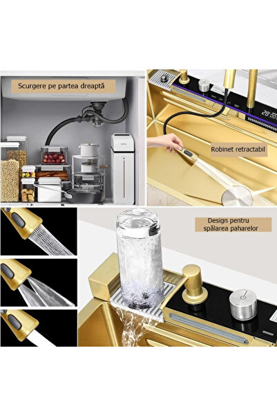 Depox Chiuveta de bucatarie multifunctionala, dus cu extragere, tocator de lemne, temperatura LCD, 2 jeturi de apa, 75x46 cm