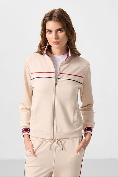 TOMMY LIFE Μπεζ πλεκτό με απαλή υφή με όρθιο γιακά Oversize Γυναικεία αθλητική φόρμα - 95350