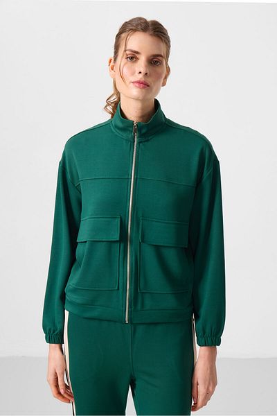 TOMMY LIFE Πράσινη κρεμ υφασμάτινη βάση γιακάς Oversize Cargo Pocket Γυναικεία φούτερ Crop Top 97301