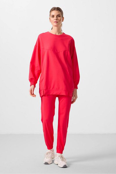 TOMMY LIFE Viva Red O Neck Basic Oversize Women's Tracksuit Tunic Set - 95347
