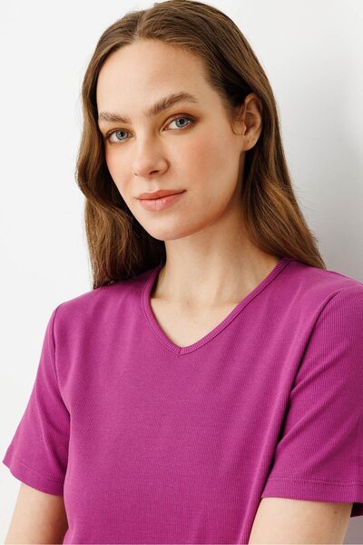 Desen Triko Γυναικείο βαμβακερό μπλουζάκι με λαιμόκοψη V Scheming