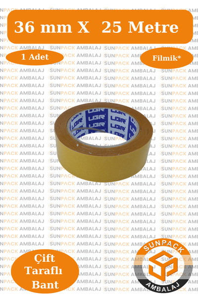 sunpack ambalaj Çift Taraflı Bant 36mm X 25m Şeffaf Filmik (1 Adet) - Güçlü, ...