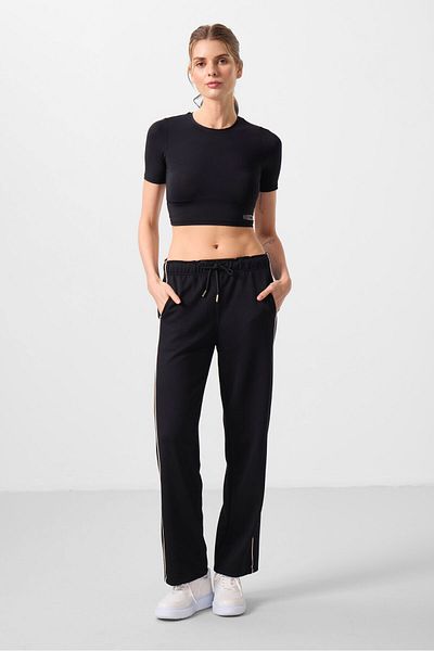 TOMMY LIFE Black Soft Textured Side Panel Detailed Wide Leg Women's Palazzo Trousers - 94669