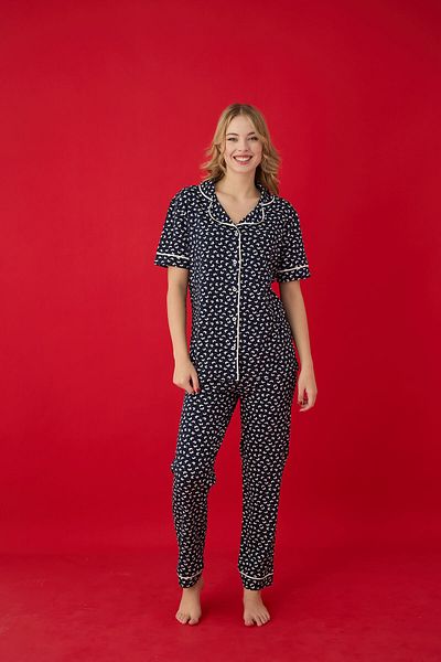 Lavint Homewear Butterfly Patterned Cotton Lycra Buttoned Pajama Set