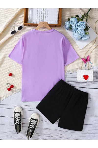 vinraus Girl/Boy Lilac-Black Cherries Printed Shorts-Tshirt Set
