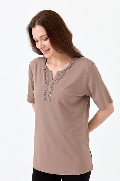 Desen Triko Tricou de damă din bumbac pieptănat cu guler brodat cu margele, nurcă